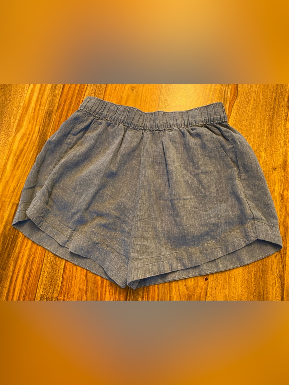 Patagonia Blue Chambray Elastic-Waist garden island shorts.  3.1/2”